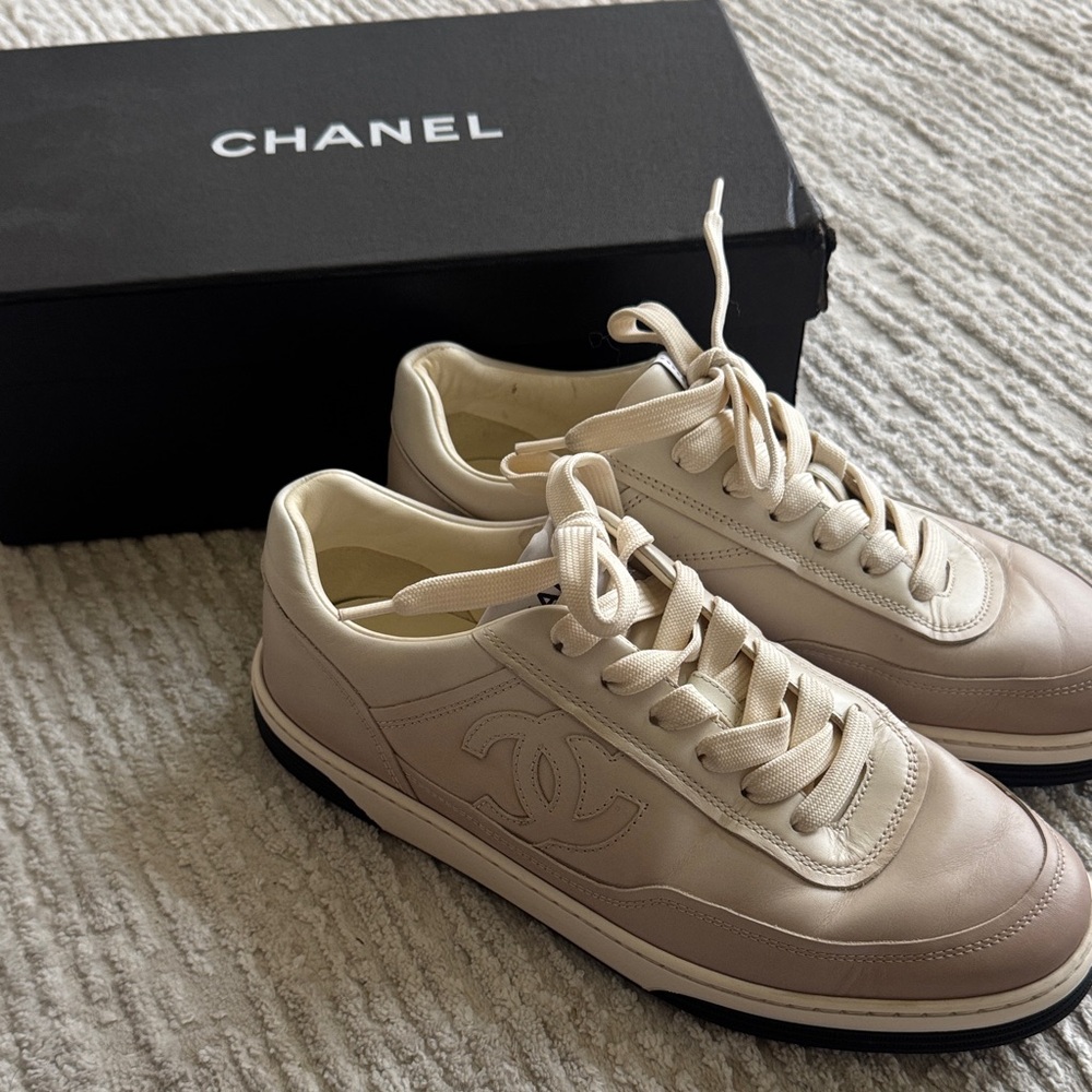 CHANEL Women’s Cream Leather Sneakers with Subtle Beige Tone